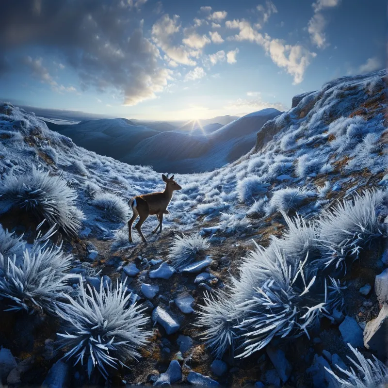 A solitary deer stands on a frosty mountain path as the sun rises behind distant blue peaks.