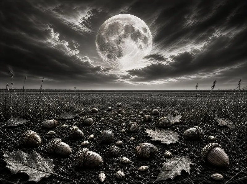A dark field covered with various acorns and oak leaves beneath a large full moon against a cloudy night sky