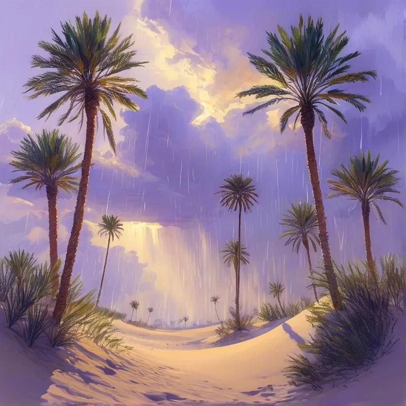 Tall palm trees stand on rippled sand dunes while heavy rain falls against a glowing purple sky and distant sunlight.