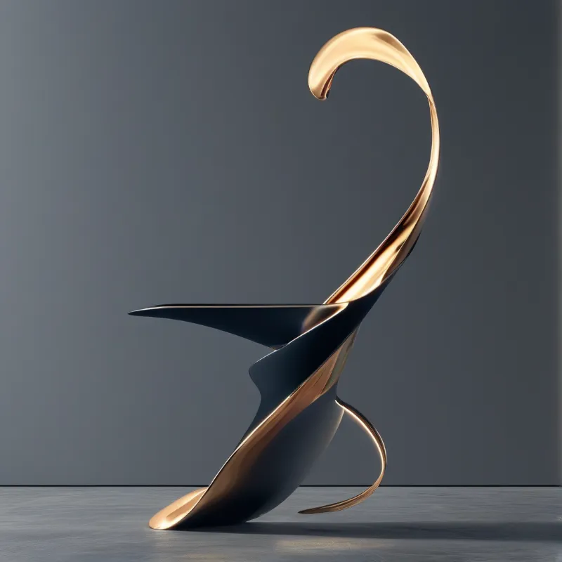 An abstract metal sculpture twists upward with gold and black curves against a plain grey background.