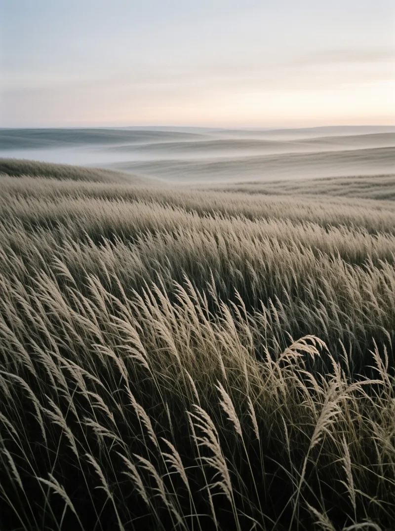 Fuzzy pale wild grass slopes down towards low fog resting over rolling coastal sand dunes at soft dawn