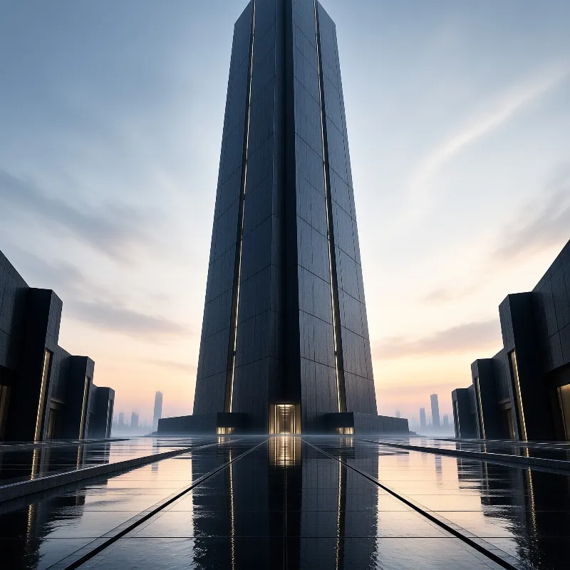 A towering structure stands centered in a reflective wet plaza under a gradient sky.