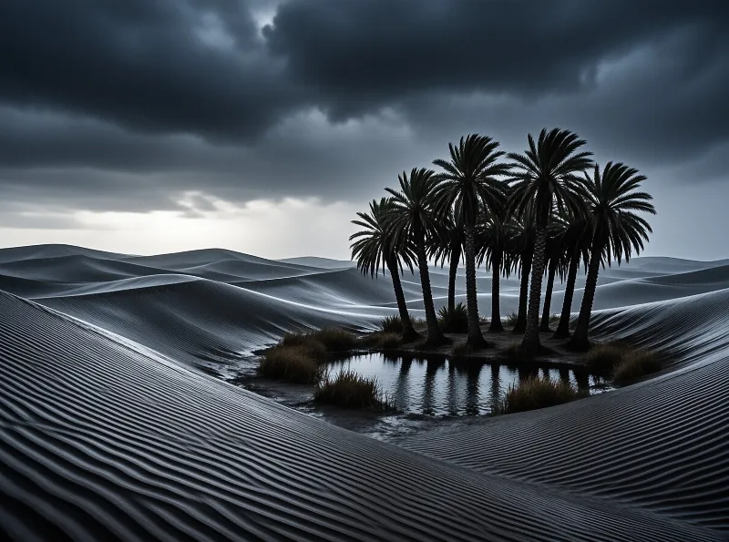 A cluster of palm trees sits in a small pond surrounded by dark rippled sand dunes beneath heavy overcast storm clouds.