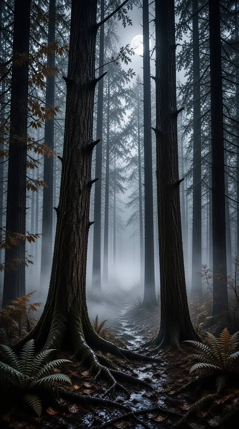 Tall mossy conifers line a damp winding path that fades into cool blue night mist under a pale glowing full moon.