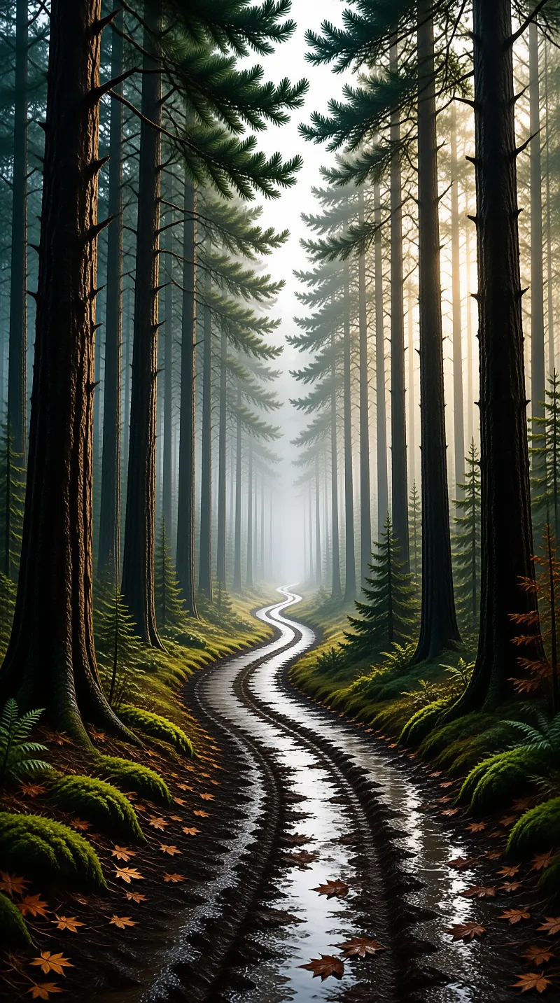 A narrow rain filled path curves between towering evergreens as pale morning light filters through low fog.