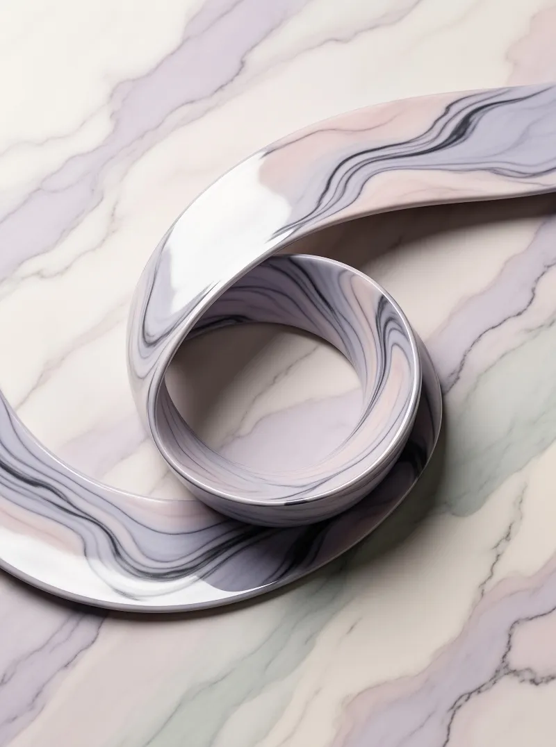A glossy marble ribbon loops into a spiral over a soft pastel stone surface veined with lavender and pale green.