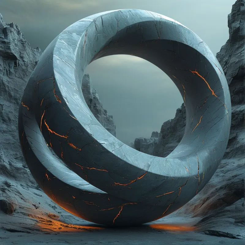 A colossal gray torus veined with glowing orange fissures rests among misty snow covered peaks