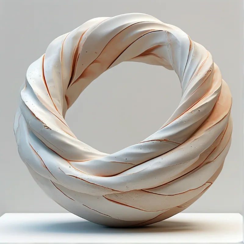 A twisted ceramic ring sculpture with white and peach streaks rests on a plain surface.