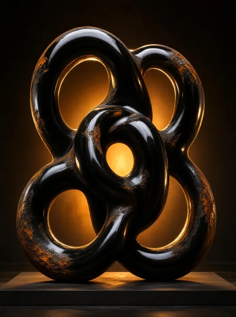 A glossy black abstract sculpture with interlocking rings sits on a dark pedestal against a warm golden backdrop