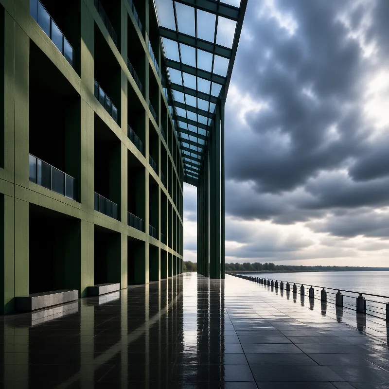 A curved green colonnade with a glass canopy overlooks a wet promenade reflecting a dramatic cloudy sky.