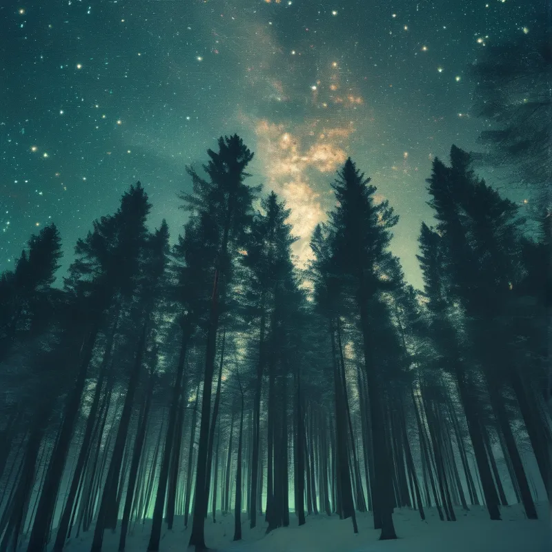 Tall dark pine trees stand on snow against a night sky filled with stars and the Milky Way.