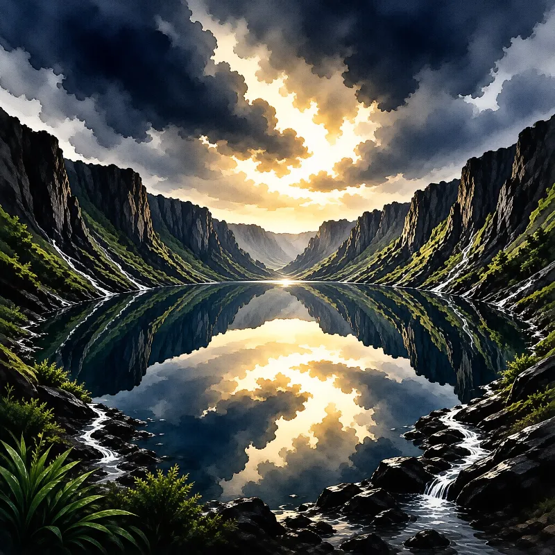 A calm mountain lake mirrors a glowing sunset sky between forested cliffs streaked with thin waterfalls