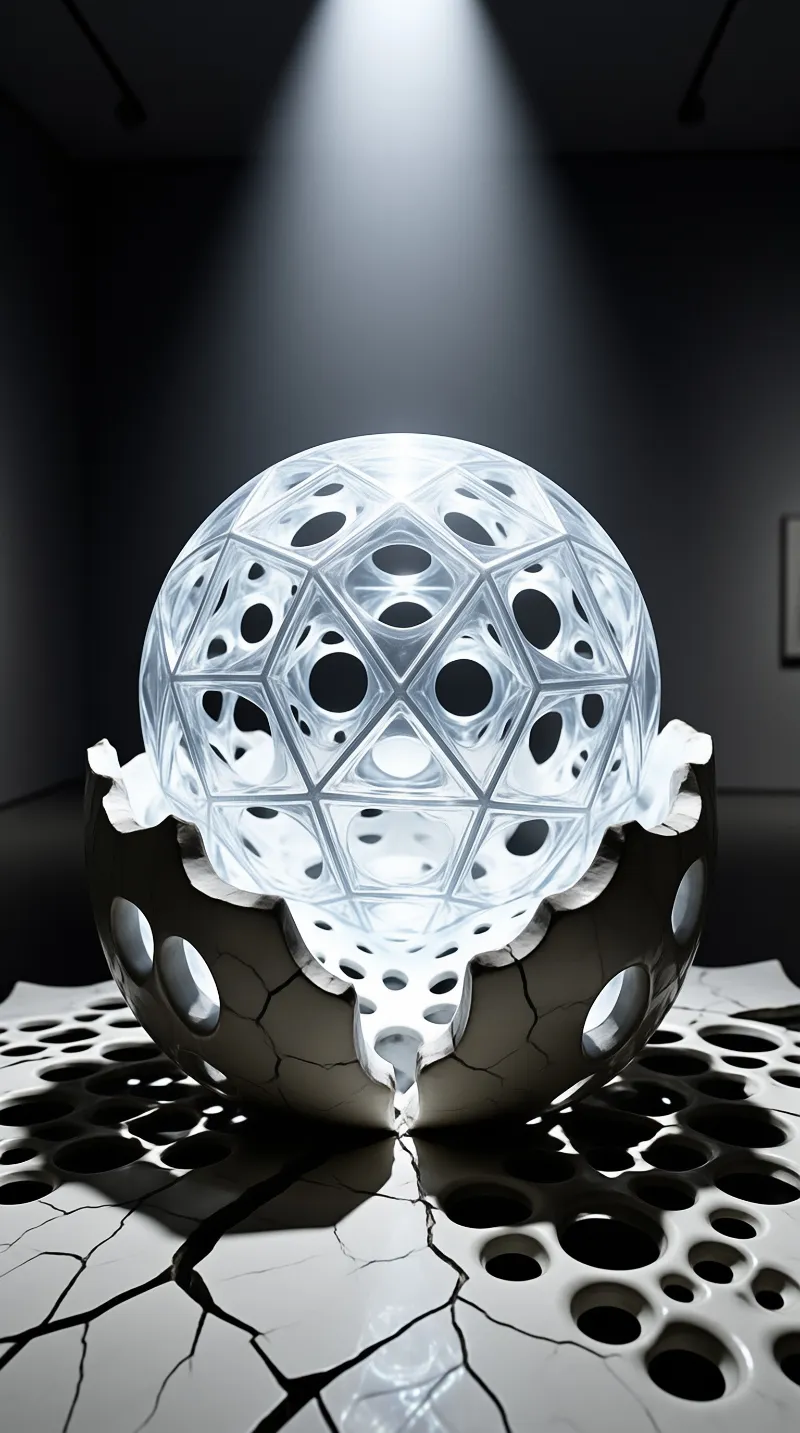 A translucent geometric sphere sits inside a cracked dark shell on a perforated surface under a spotlight.