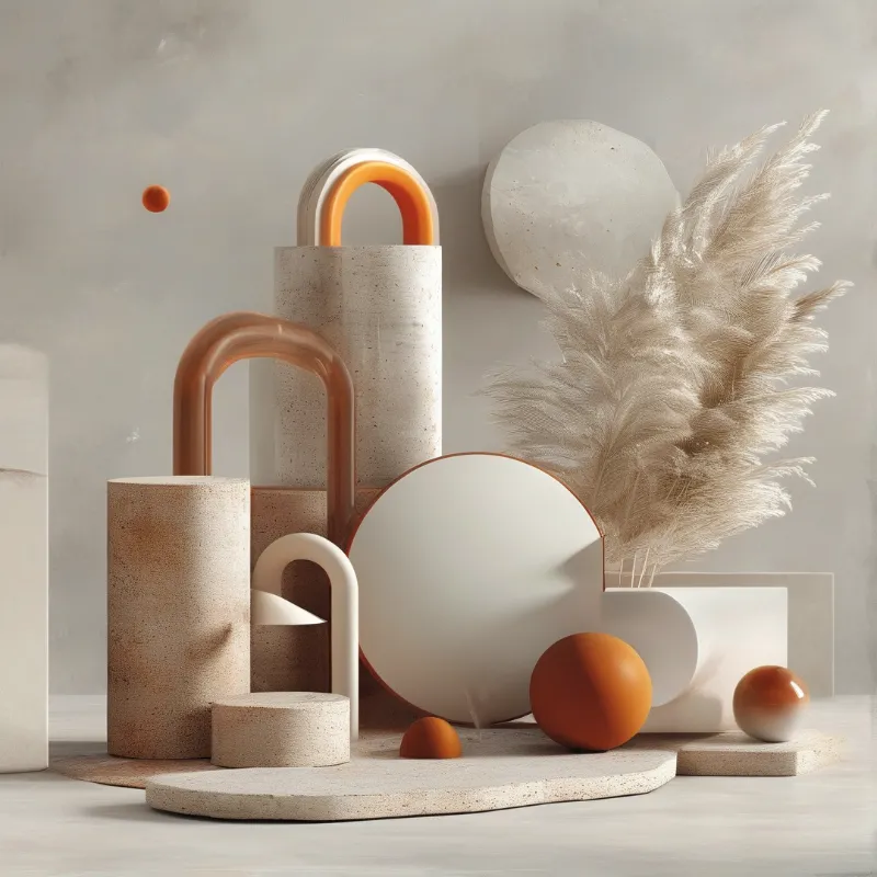 A minimalist travertine still life setup has textured geometric forms, warm orange spheres, pampas grass and soft lighting.