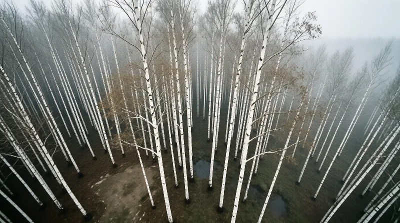 An overhead view of white birch trunks rising from dark muddy ground with still pools of water and pale mist.