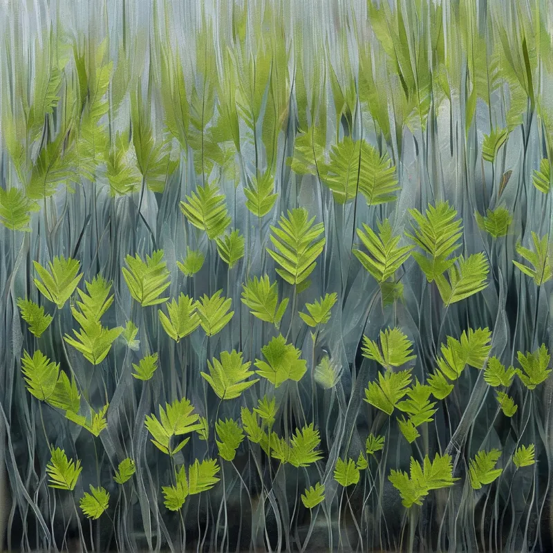 Scattered bright green fern fronds against a wavy streaked pale blue and grey background with soft even lighting.