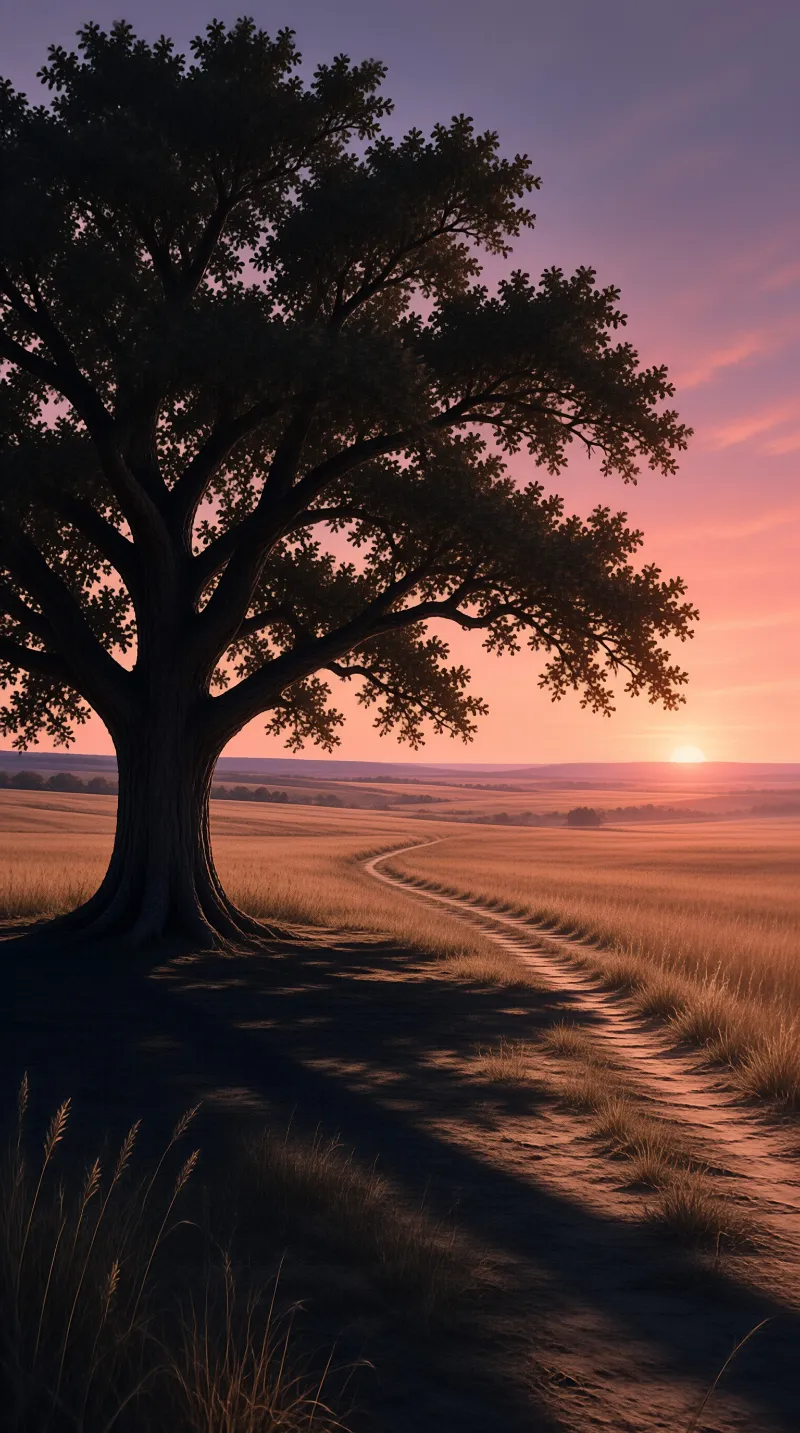 A massive oak stands tall beside a curving trail cutting through golden fields during the evening glow.