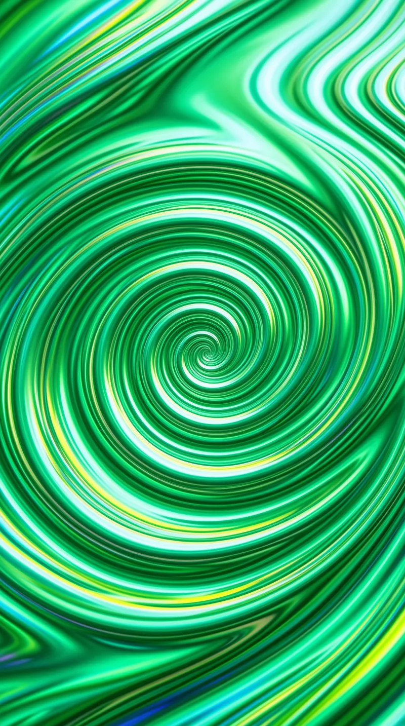 Glossy ribbons of molten green and chartreuse metal spiral toward a glowing vortex center in an abstract fluid composition.