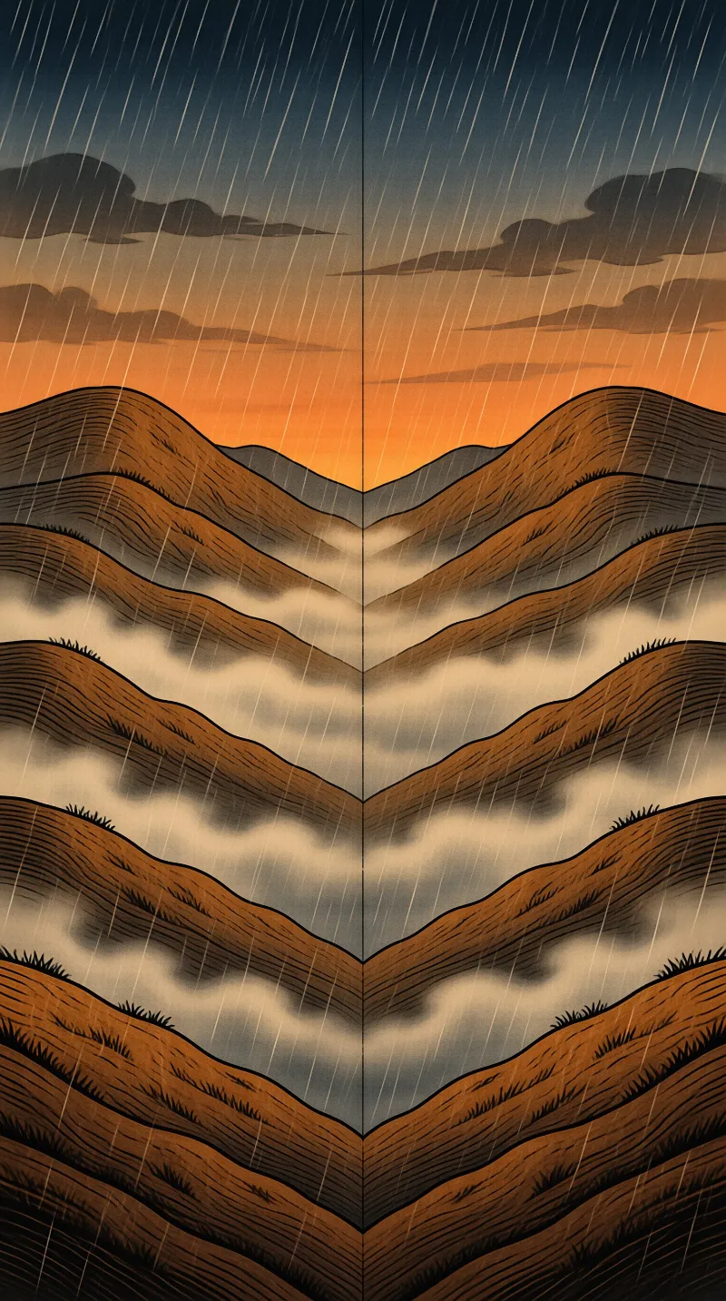 Stylized brown hills and clouds are mirrored along a center line beneath a glowing orange sunset and falling rain.