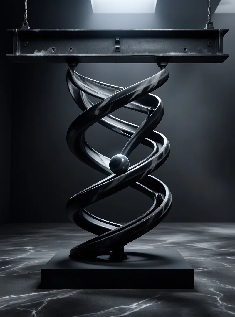 Dark metallic DNA double helix sculpture with central sphere hangs from steel beam under bright skylight in dim gallery.