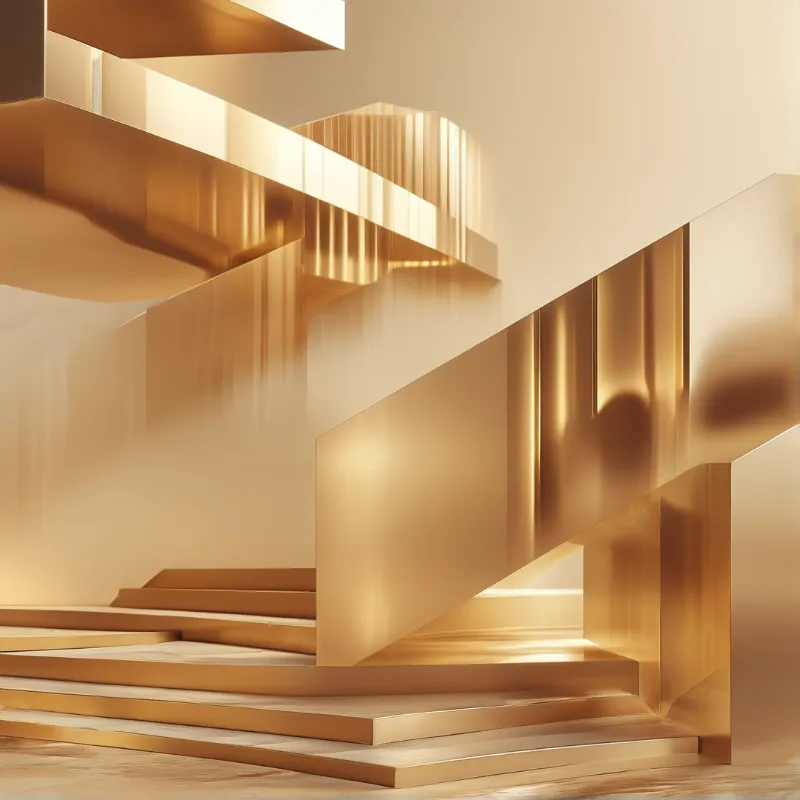 Metallic golden stairs and platforms arranged in a geometric composition with soft light reflections