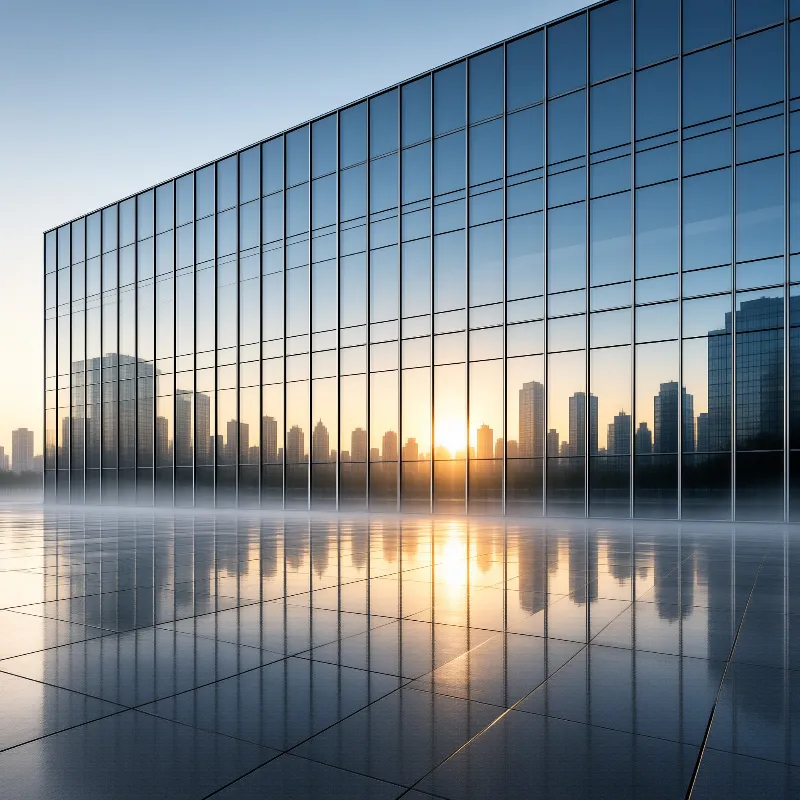 Glass panels reflect a city skyline at sunset while wet pavement mirrors the golden light and building structure.