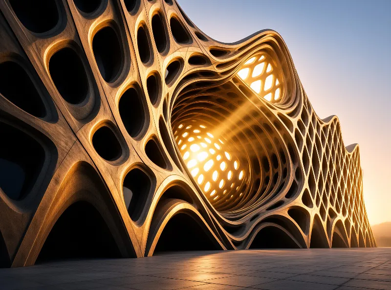 Curved concrete structure features intricate holes allowing sunlight to cast bright spots on the ground.