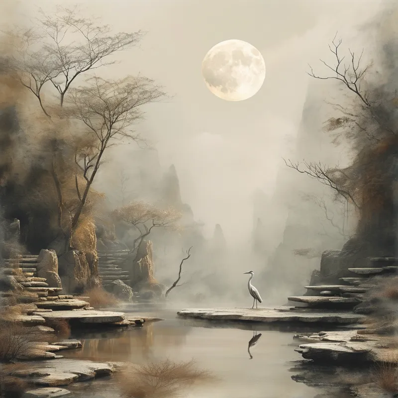 A solitary white heron stands on flat stone beside calm water in a misty Chinese ink wash landscape beneath a pale full moon