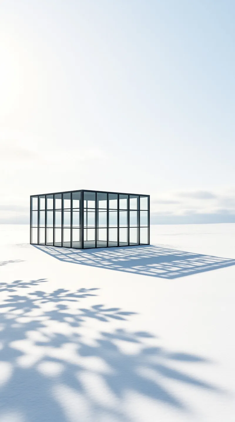 A minimalist black and glass room sits isolated on a bright white plain casting a geometric shadow.