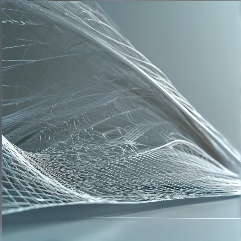 White fibrous strands curve diagonally across a soft blue background showing intricate crossing lines.