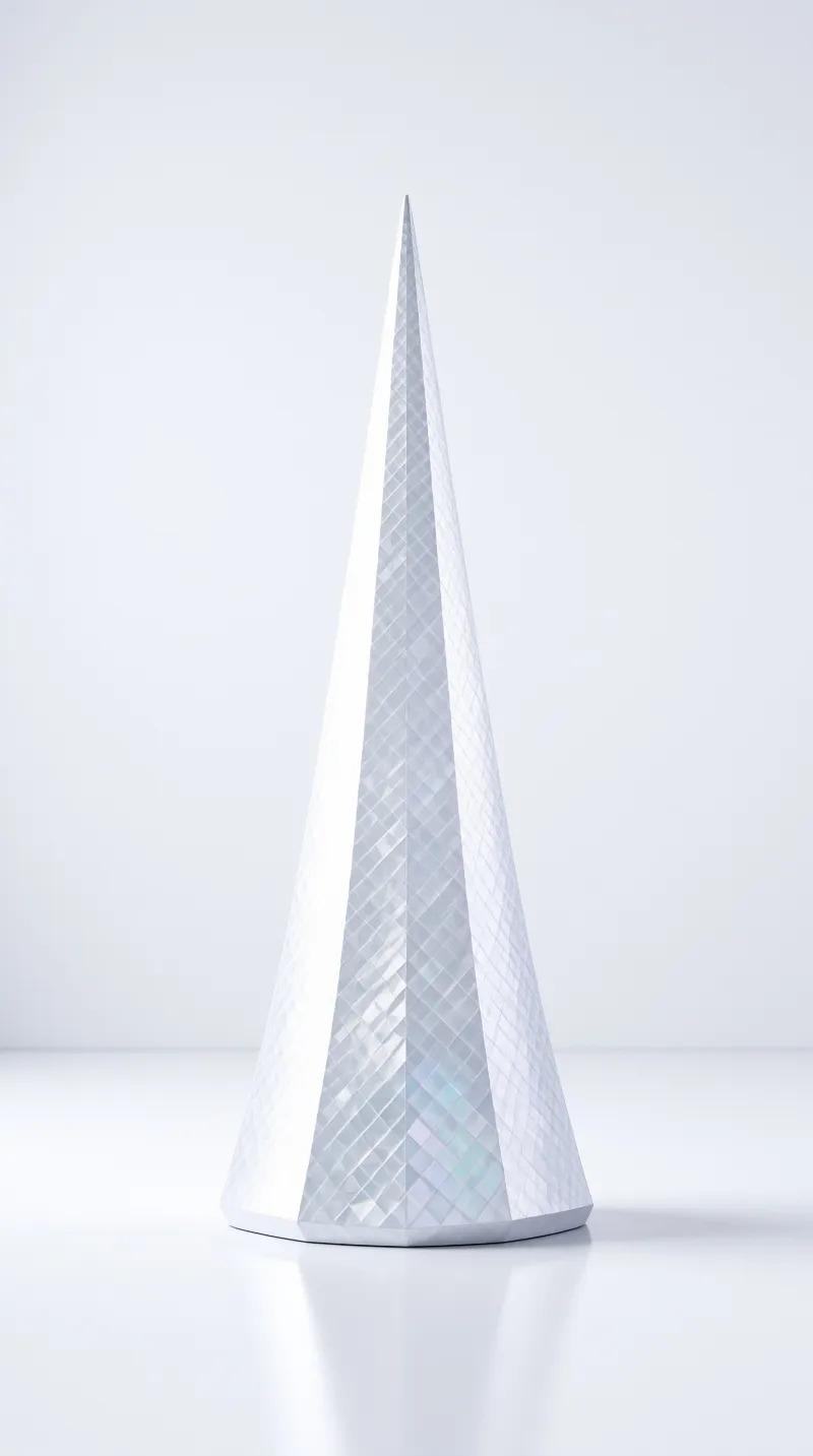 A tall white pyramidal sculpture with a diamond grid texture stands centered on a glossy floor reflecting its base.