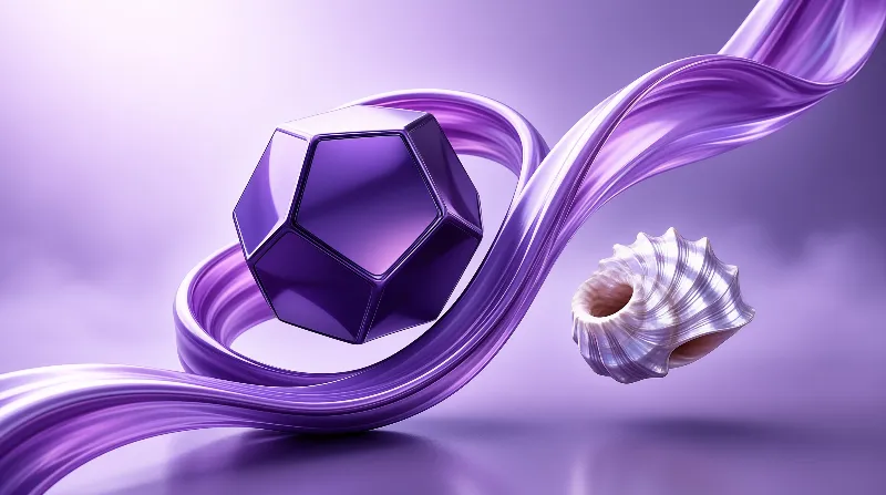 A glossy lavender ribbon twists through a violet studio scene threaded with a faceted gem and a ribbed spiral shell.
