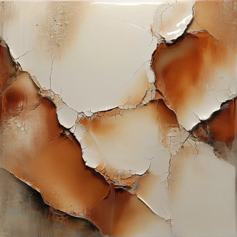 View of white glossy fragments separated by dark fissures exposing warm brown underlying texture layers.