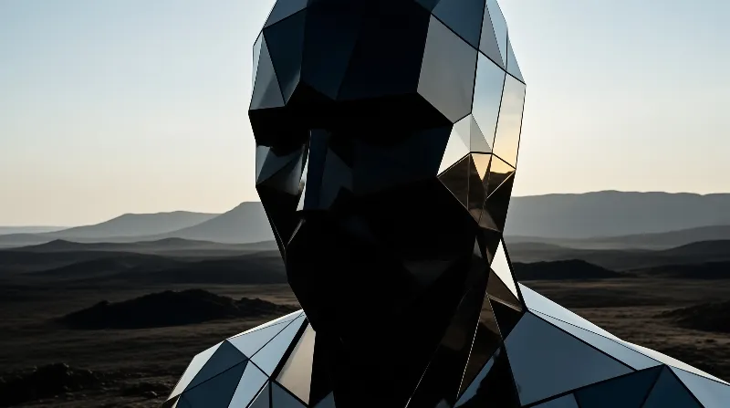 Faceted geometric statue with dark reflective panels set in a barren hilly landscape under a soft gradient sky
