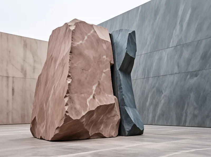 Russet and slate blue carved stone slabs sit in a bright gallery with pale walls, even soft light and pale tiled floors.