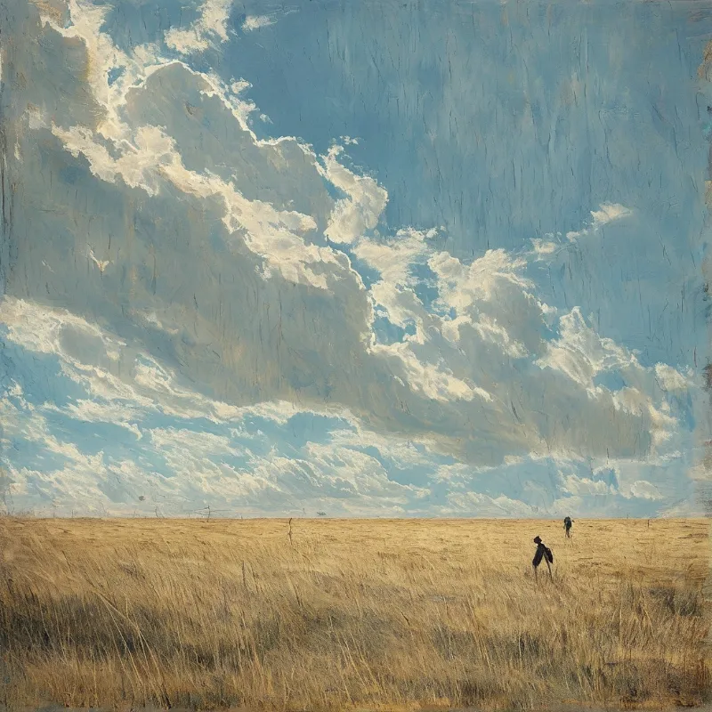 Two silhouetted figures walk across a wide grassy plain beneath a dramatic sky filled with large white clouds.