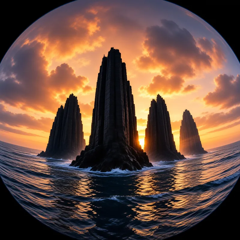 Dark rock columns rise from the ocean under an orange sunset sky with clouds reflecting on the water surface.