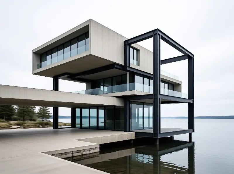 A contemporary concrete residence features cantilevered floors and a black steel framework extending over calm lake water.