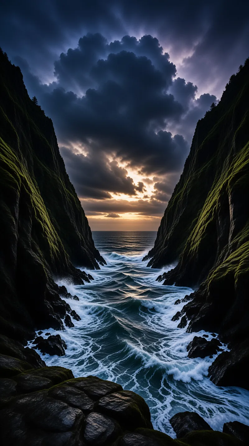 Steep green-walled rocks funnel choppy waves toward the viewer as sunset breaks through storm clouds.
