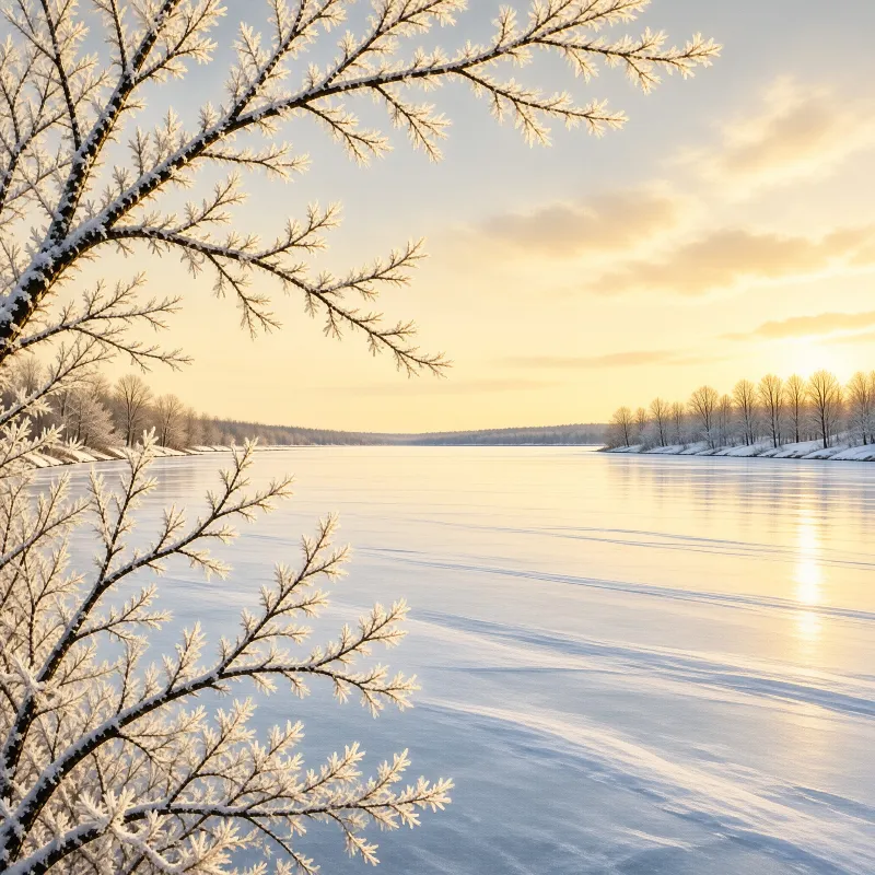 Snow-covered branches frame a wide frozen river reflecting golden sunlight across a calm winter landscape.