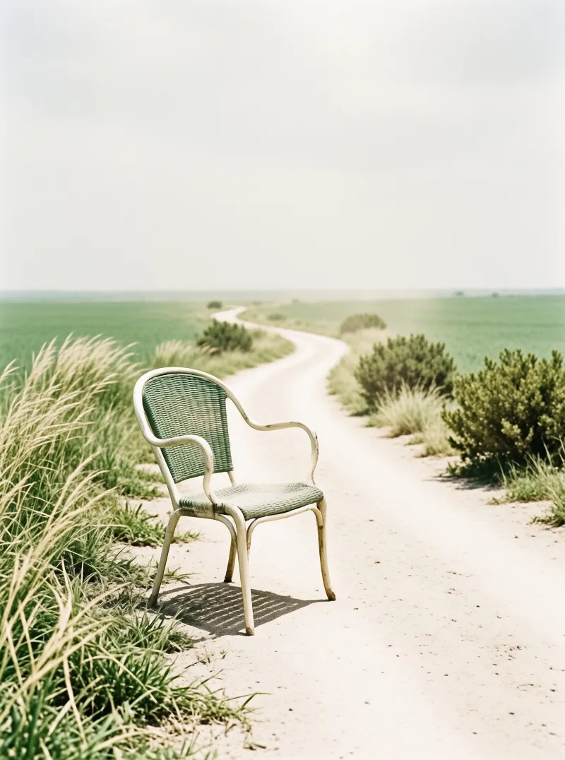 A pale green woven chair rests on a sandy trail that curves through tall grass toward a distant hazy horizon