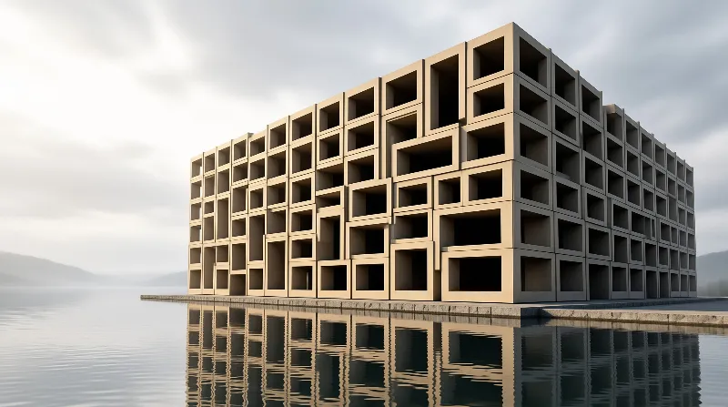 A large beige modular building with a grid of square openings stands on a calm lake under an overcast sky.
