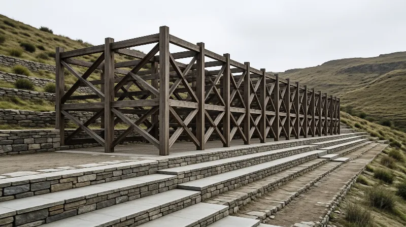 Wooden framework with cross bracing sits atop stone retaining walls on a dry grassy slope in diffuse light.