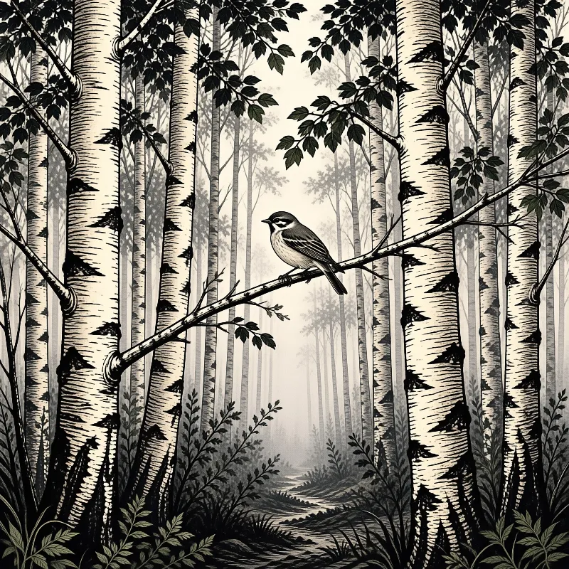 A detailed sketch depicts a bird resting on a limb within a foggy forest of white birch trees and undergrowth.