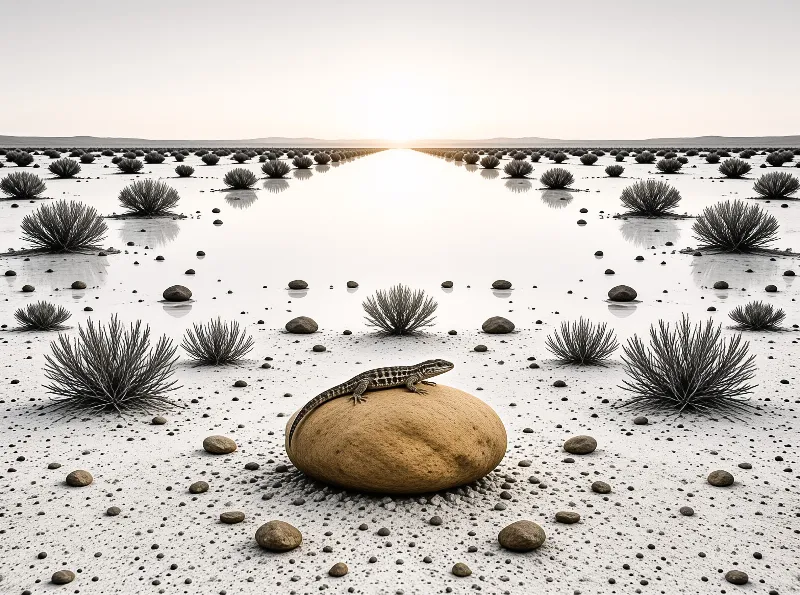 A spotted lizard sits on a yellow stone in a white salt flat with symmetrical water paths leading to the glowing horizon.
