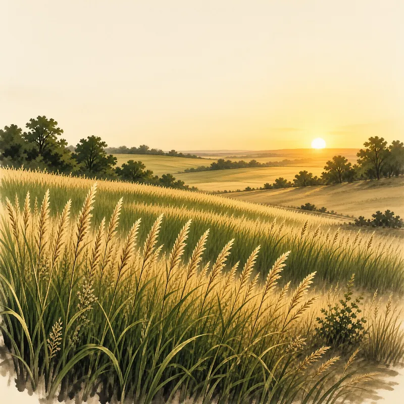 Feathery golden grasses sway in the foreground of a rolling green field, with scattered trees and a soft setting sun.
