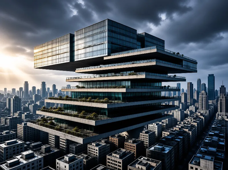 A massive glass structure with floating terraces rises above a crowded metropolis under a dramatic sky with sunbeams.