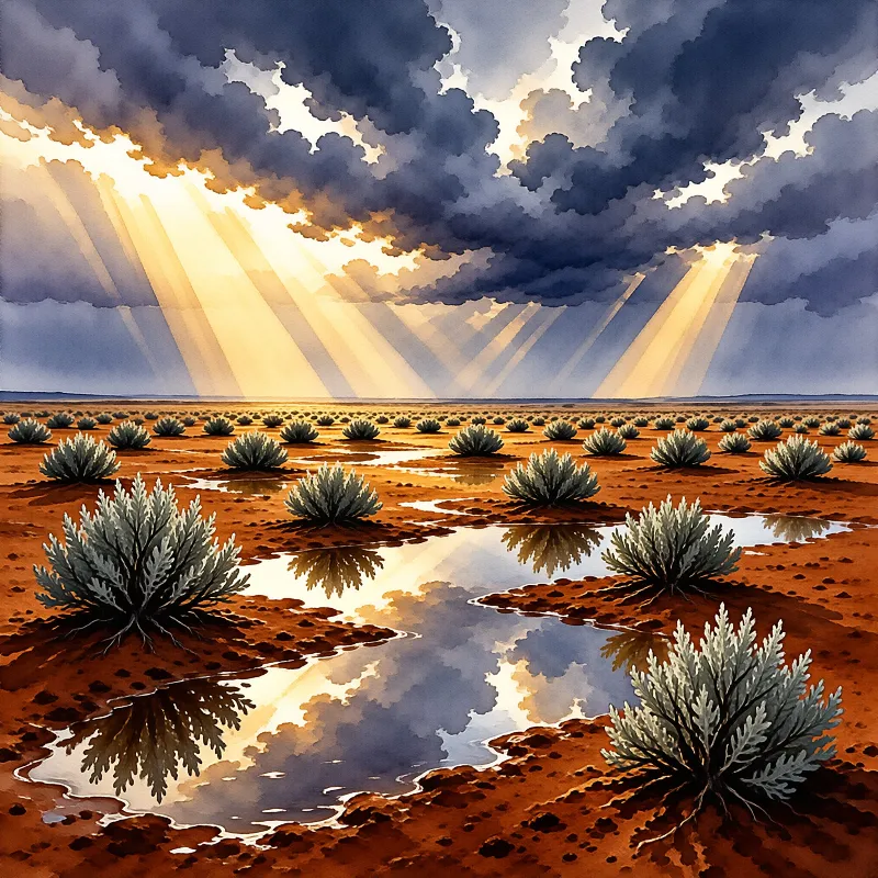 Silvery scrub bushes dot a reddish desert floor where shallow pools reflect sunbeams breaking through heavy clouds