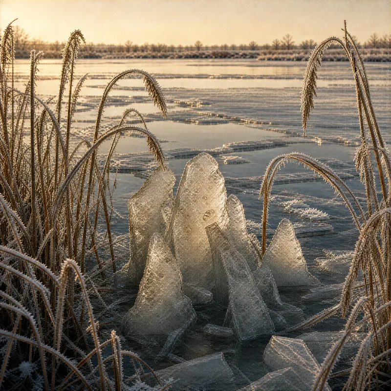 Sharp ice formations rise from a partially frozen waterway, surrounded by frost-covered reeds under a warm golden sky