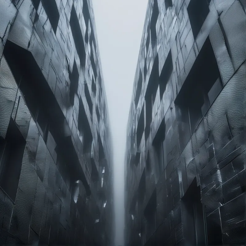 View looking up between two textured walls framing a central column of dense white fog.